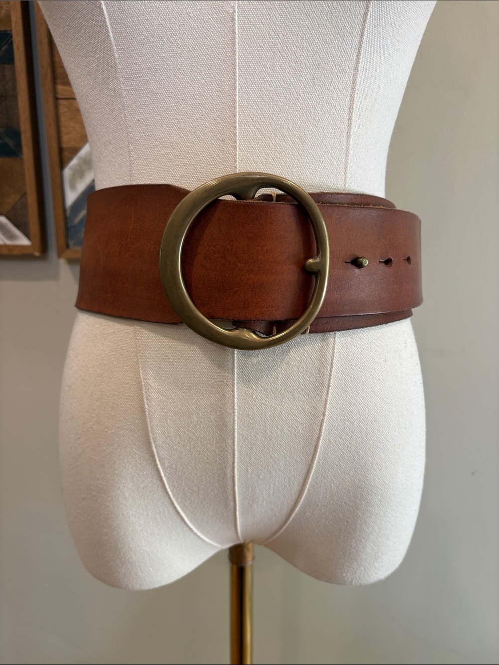Vintage Ralph Lauren 80s Wide Brown Leather Belt with Round Brass Buckle Small - Picture 1 of 14